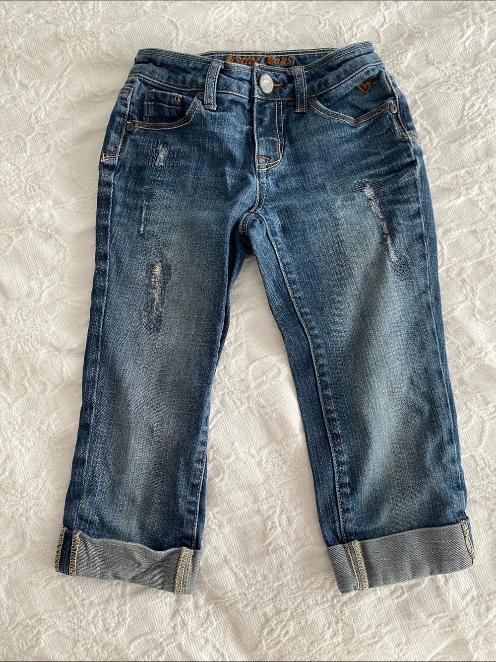 Justice Girls Dark Blue Cropped Distressed Jeans